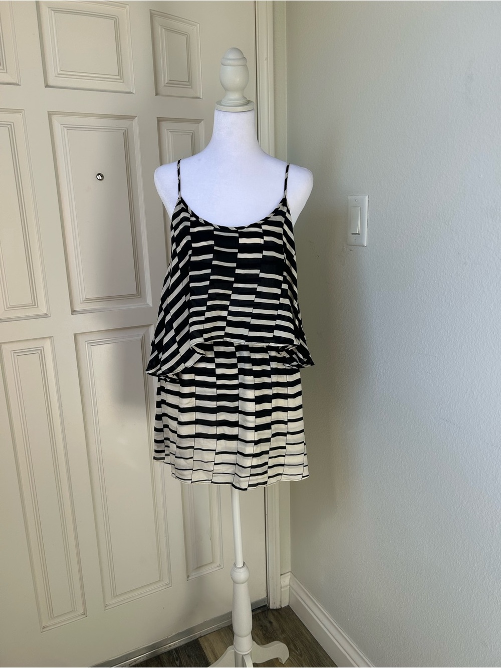 Parker 100% Silk Black & Ivory Stripe Tiered Cami Mini Dress Y2K Boho Size S